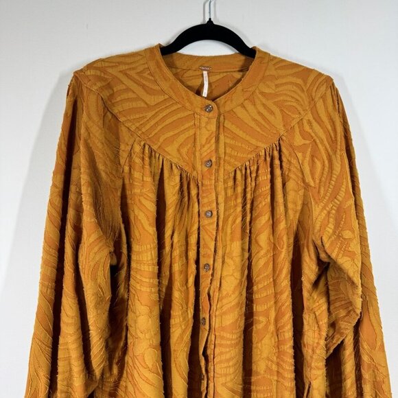 Free People Mustard Gold Textured Boho Button Down Tunic Top Oversized XS - Picture 8 of 14